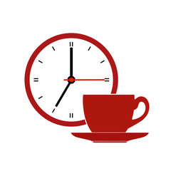 Breakfast cup of coffee, clock, meal time concept, hot drink, line icons