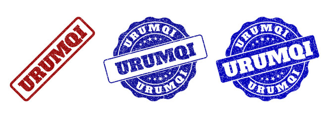 Obraz premium URUMQI grunge stamp seals in red and blue colors. Vector URUMQI labels with grunge style. Graphic elements are rounded rectangles, rosettes, circles and text labels.