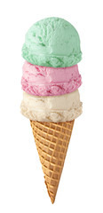 mint, strawberry and vanilla ice cream scoops with cone isolated on white background