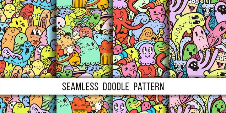 Fototapeta Collection of funny doodle monsters seamless pattern for prints, designs and coloring books
