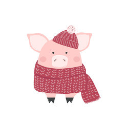 Cute little pig in red knitted scarf. Vector hand drawn illustration.