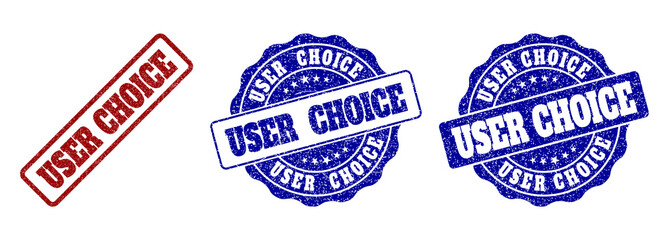 USER CHOICE grunge stamp seals in red and blue colors. Vector USER CHOICE labels with distress texture. Graphic elements are rounded rectangles, rosettes, circles and text labels.