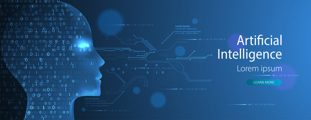 Obraz premium Artificial intelligence (AI) and big data concept. Machine cyber mind. Humen face with binary data flow. Technology vector background.