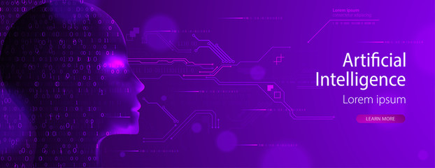 Artificial intelligence (AI) and big data concept. Machine cyber mind.  Humen face with binary data flow. Technology vector background.