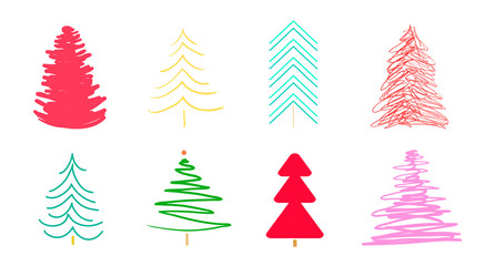 Obraz premium Christmas trees on white. Set for icons on isolated background. Geometric art. Objects for polygraphy, posters, t-shirts and textiles. Colored illustration