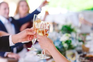 Hands holding glasses and toasting, happy festive moment.