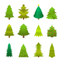 Christmas decorated green tree set. Fir vector illustration