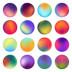 Rounded holographic gradient sphere button. Multicolor green purple yellow orange pink cyan fluid circle gradients, colorful soft round buttons or vivid color spheres flat vector set