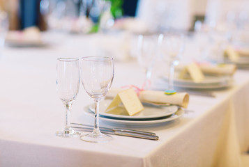 Wedding table setting in the restaurant.