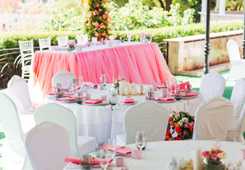 Wedding table setting in the restaurant.