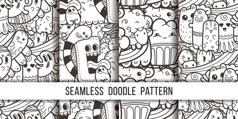 Collection of funny doodle monsters seamless pattern for prints, designs and coloring books