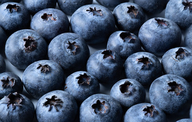 A macro shot of blueberries covered in water drops.