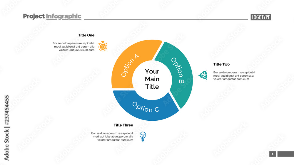 Poster pie chart with three elements. diagram, option graph, layout. business data. creative concept for in