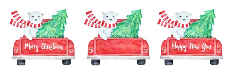 Holiday season set of pickup truck with Christmas tree and polar bear character. Traditional red and green colours. Use blank variation to add your text or wishes. Watercolour art painting on white. © Julija
