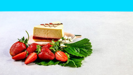 a slice of homemade tasty cheesecake. Strawberry cheesecake. Copy space. Top view
