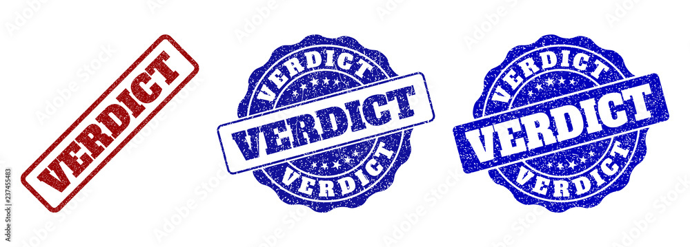 Poster verdict scratched stamp seals in red and blue colors. vector verdict labels with grunge effect. grap