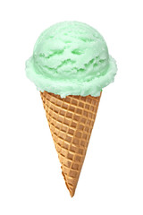 Mint  ice cream scoop in waffle cone isolated on white background