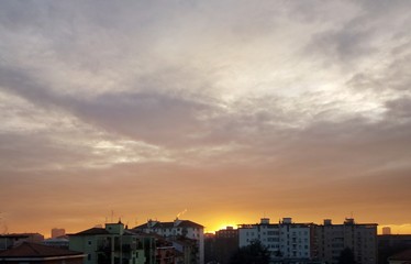Minimalist cityscape skyline after sunset with golden light and copy space 