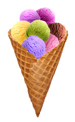 Strawberry ice cream, chocolate ice cream, vanilla ice cream scoops on cone isolated on white background
