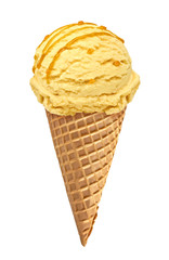 mango Ice cream scoop with sauce or sherbet on cone isolated on white background