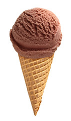 Chocolate ice cream scoop in waffle cone isolated on white background