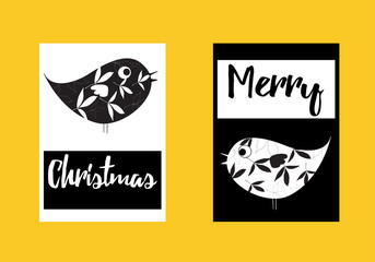 Merry Christmas birds black and white vector card