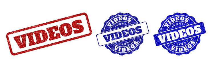 VIDEOS grunge stamp seals in red and blue colors. Vector VIDEOS overlays with grunge surface. Graphic elements are rounded rectangles, rosettes, circles and text labels.