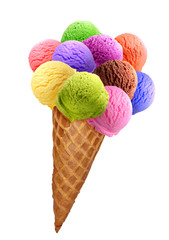 Strawberry ice cream, chocolate ice cream, vanilla ice cream scoops on cone isolated on white...