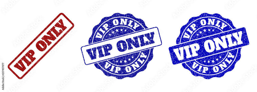 Poster vip only grunge stamp seals in red and blue colors. vector vip only overlays with grunge style. grap