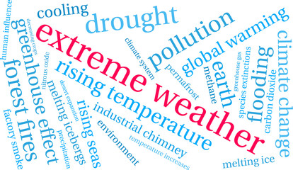 Extreme Weather word cloud on a white background. 
