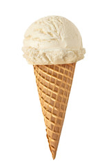Vanilla ice cream scoop in waffle cone isolated on white background