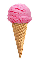 Strawberry and Vanilla ice cream scoops on cone isolated on white background