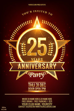 25 Anniversary  elegant gold colored logo with shiny star  framed in Laurel wreath isolated on dark red background, vector design for celebration, invitation, greeting card. Vector EPS 10.