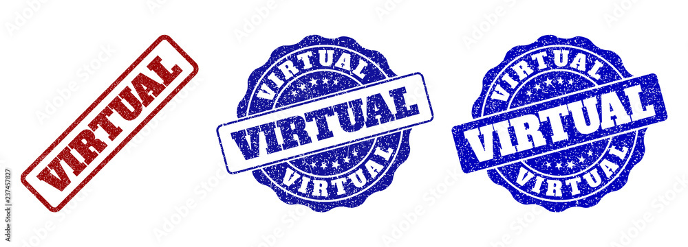 Poster virtual grunge stamp seals in red and blue colors. vector virtual marks with grunge surface. graphic