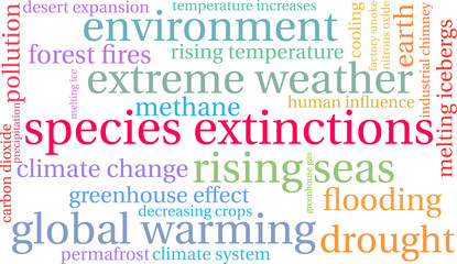 Fototapeta premium Species Extinctions Word Cloud on a white background. 