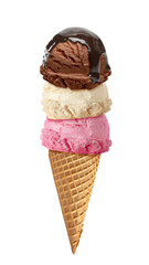 Strawberry, chocolate and Vanilla ice cream scoops with sauce or sherbet on cone isolated on white background