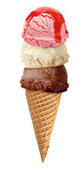 Strawberry, chocolate and Vanilla ice cream scoops on cone isolated on white background
