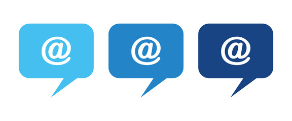 Email symbol in speech bubbles. Blue gradient speech bubbles with at symbol. Design elements for your works.