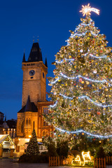 Fototapeta na wymiar Christmas tree and Christmas market in the center of Prague, Czech Republic
