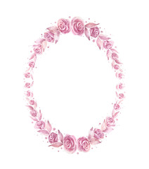 .Watercolor hand painted oval wreath with flowers and leaves. Frame for wedding invitations, save the date or greeting cards.