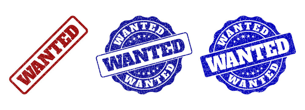 WANTED grunge stamp seals in red and blue colors. Vector WANTED signs with dirty effect. Graphic elements are rounded rectangles, rosettes, circles and text tags. Designed for rubber stamp imitations.