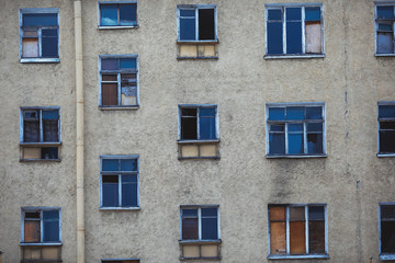 windows of the destroyed house. front view