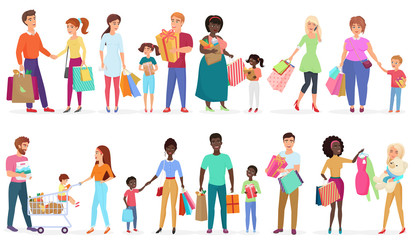 Naklejka premium Cartoon people carrying shopping bags with purchases. Men, women and kids characters. Seasonal sale at store, shop, mall vector illustration.