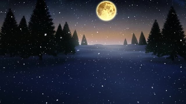 Falling snow and Christmas night starry sky with moon