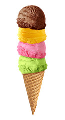 Strawberry ice cream, chocolate ice cream, vanilla ice cream scoops on cone isolated on white background