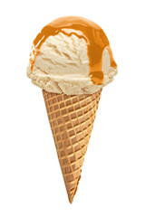 vanilla Ice cream scoop with sauce or sherbet on cone isolated on white background