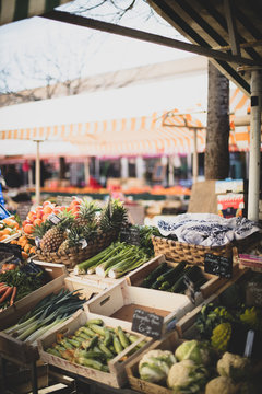 Fruits and vegetables being sold at an outdoor market