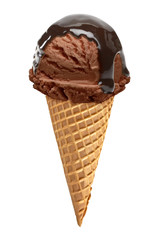 chocolate Ice cream scoop with sauce or sherbet on cone isolated on white background