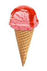 Strawberry Ice cream scoop with sauce or sherbet on cone isolated on white background