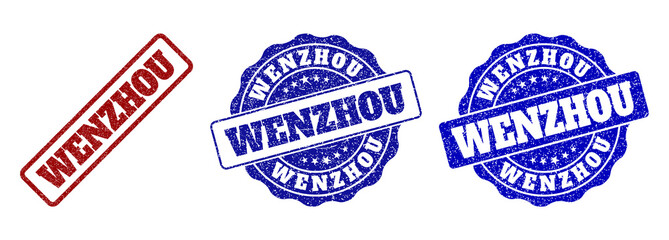 Obraz premium WENZHOU grunge stamp seals in red and blue colors. Vector WENZHOU watermarks with draft style. Graphic elements are rounded rectangles, rosettes, circles and text titles.